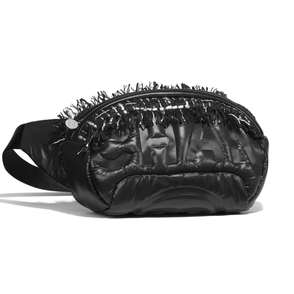 AUTH Chanel SOLD OUT Coco Neige Tweed Nylon Waist Pouch Bum Bag Black